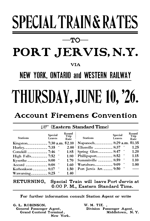 Handbill - Special Train to Port Jervis, NY